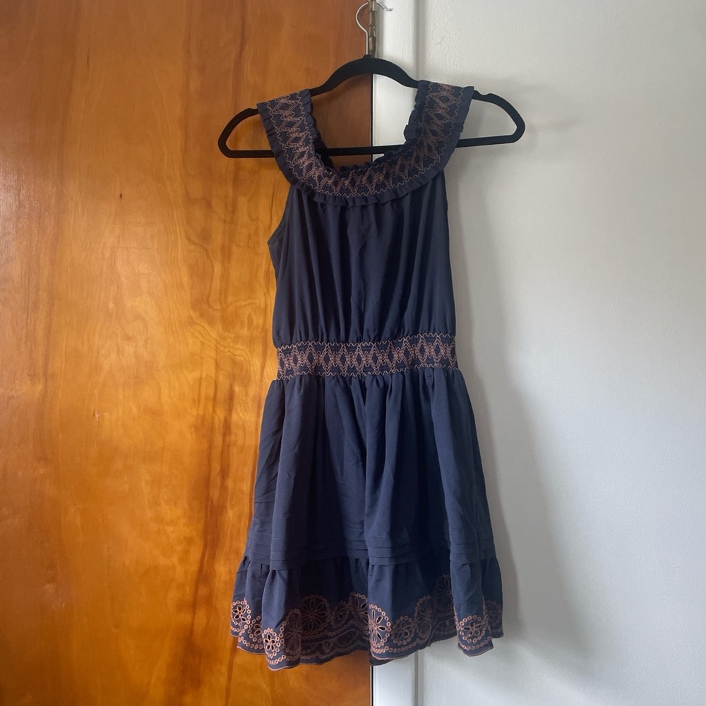 Navy mini dress with embroidery detail